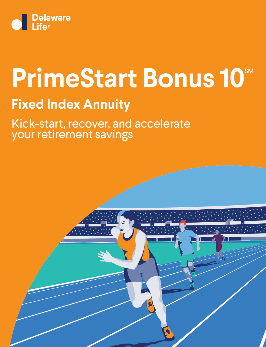 Cover for a Delaware Life fixed index annuity product, featuring a runner on a track with the text 