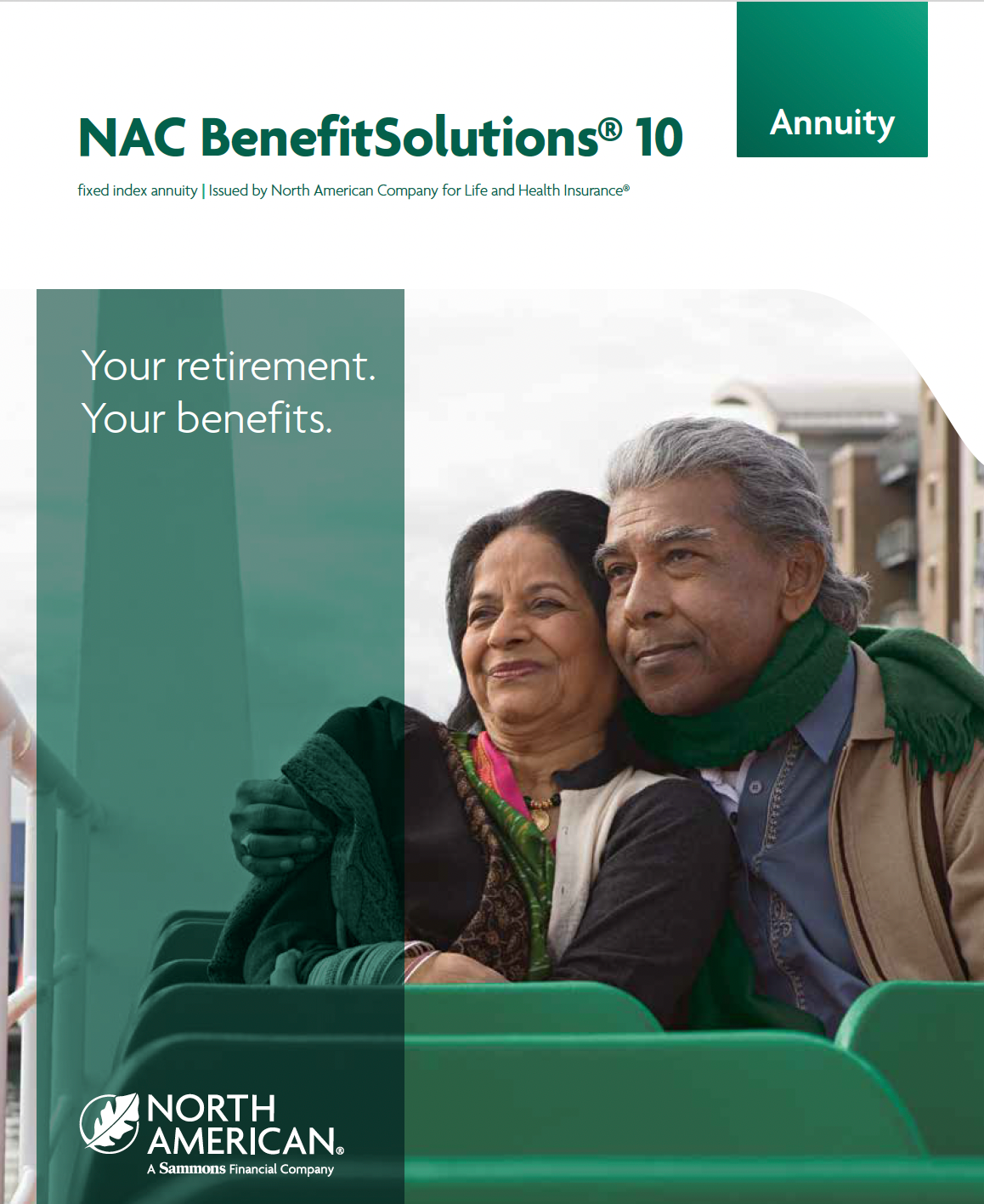 Annuity brochure: Smiling elderly couple embraces. Green hues and text. 