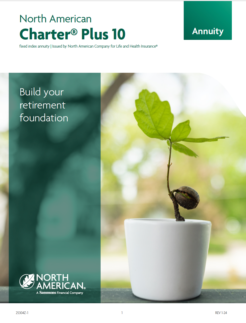 Brochure for North American Charter Plus 10 annuity with a seedling growing in a white pot.