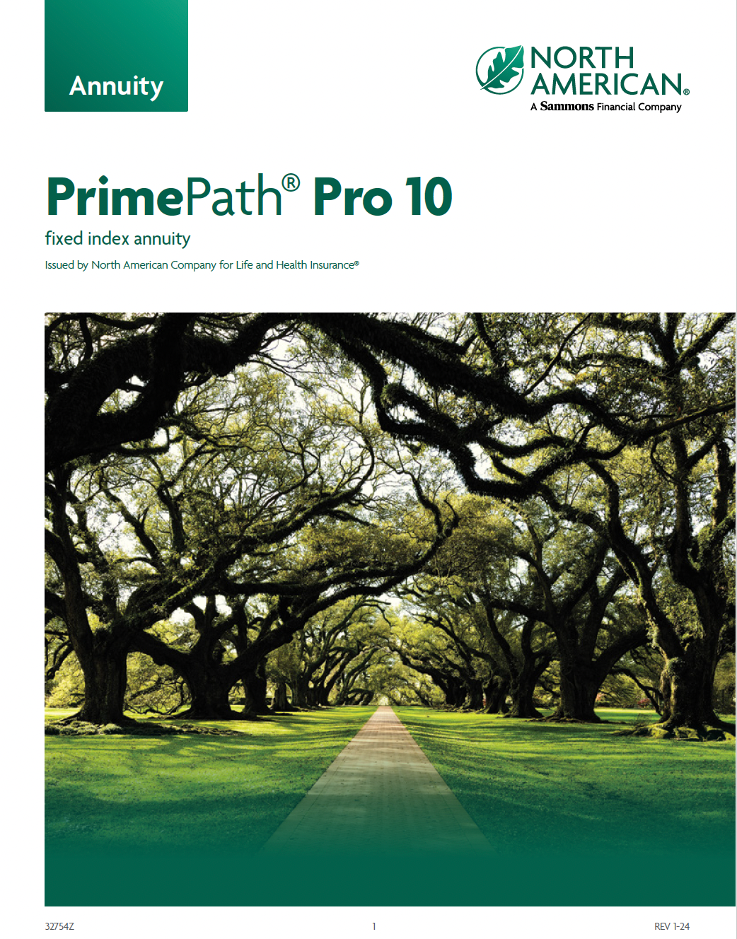 Cover of a brochure for North American PrimePath Pro 10 annuity. A path through trees with the words 