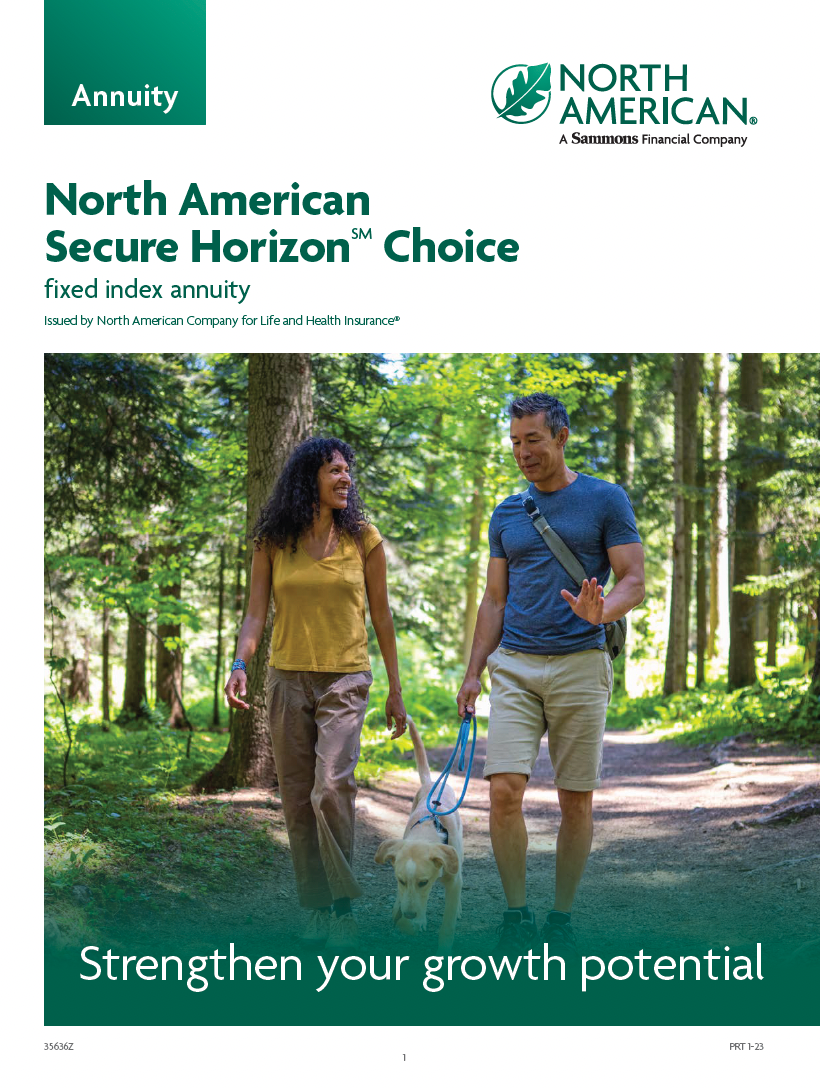 Brochure for North American Secure Horizon Choice annuity, featuring couple with dog walking in a forest.
