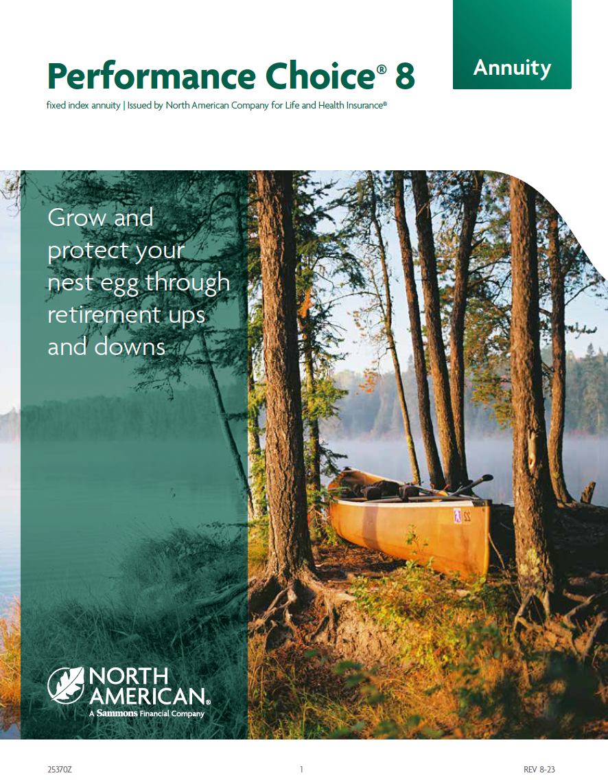 Brochure for Performance Choice 8 annuity. Canoe near trees on a lake with fog.