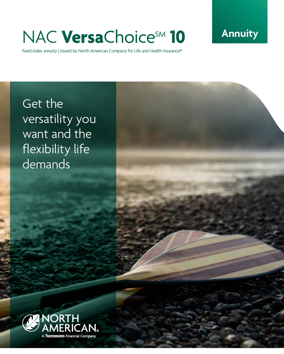 Brochure for NAC VersaChoice 10 annuity with an oar on a lake.