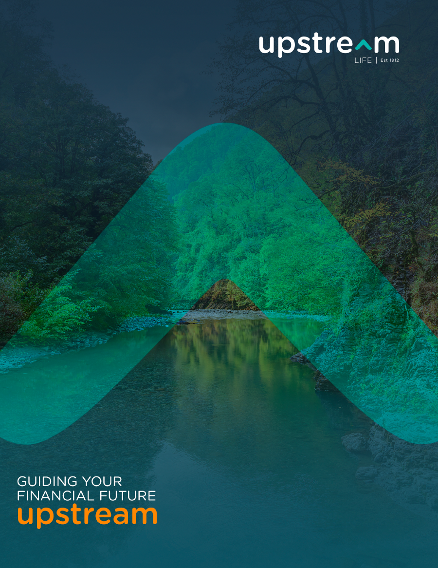 Cover art for Upstream Financial. Green stylized mountain over water; text 
