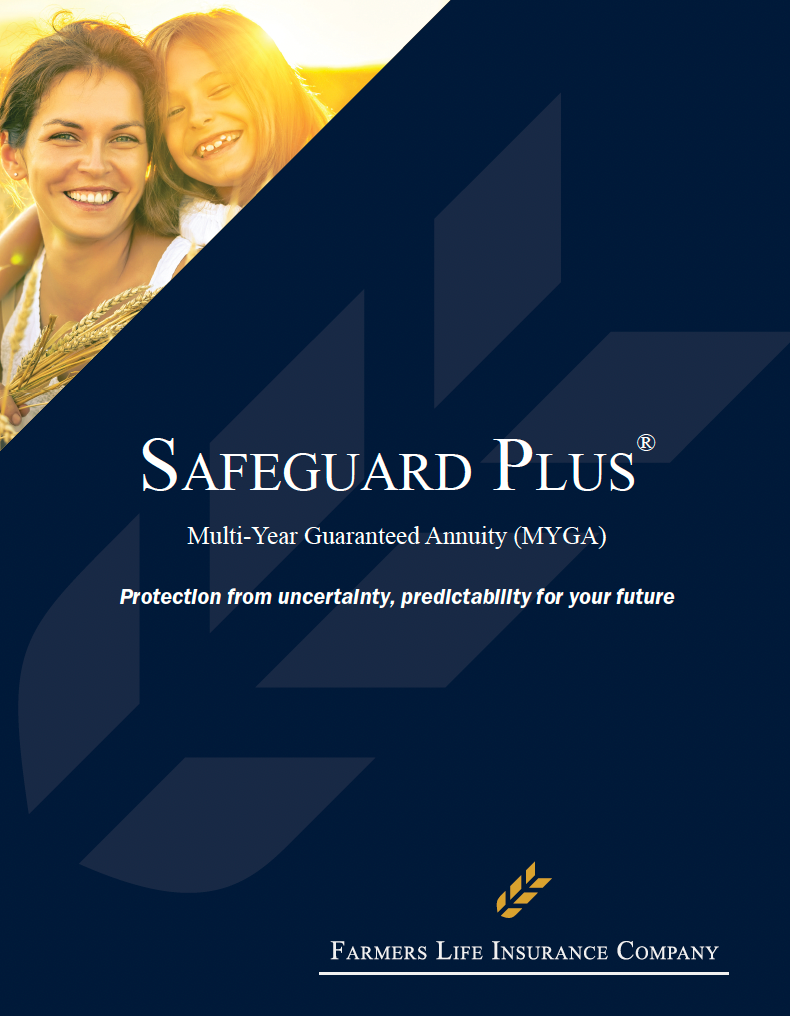 Safeguard Plus annuity ad with mother and child. Dark blue cover with text and Farmers logo.