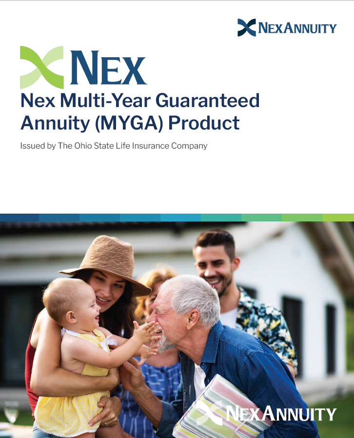 Brochure for a Nex Multi-Year Guaranteed Annuity product, featuring a family outdoors, smiling.