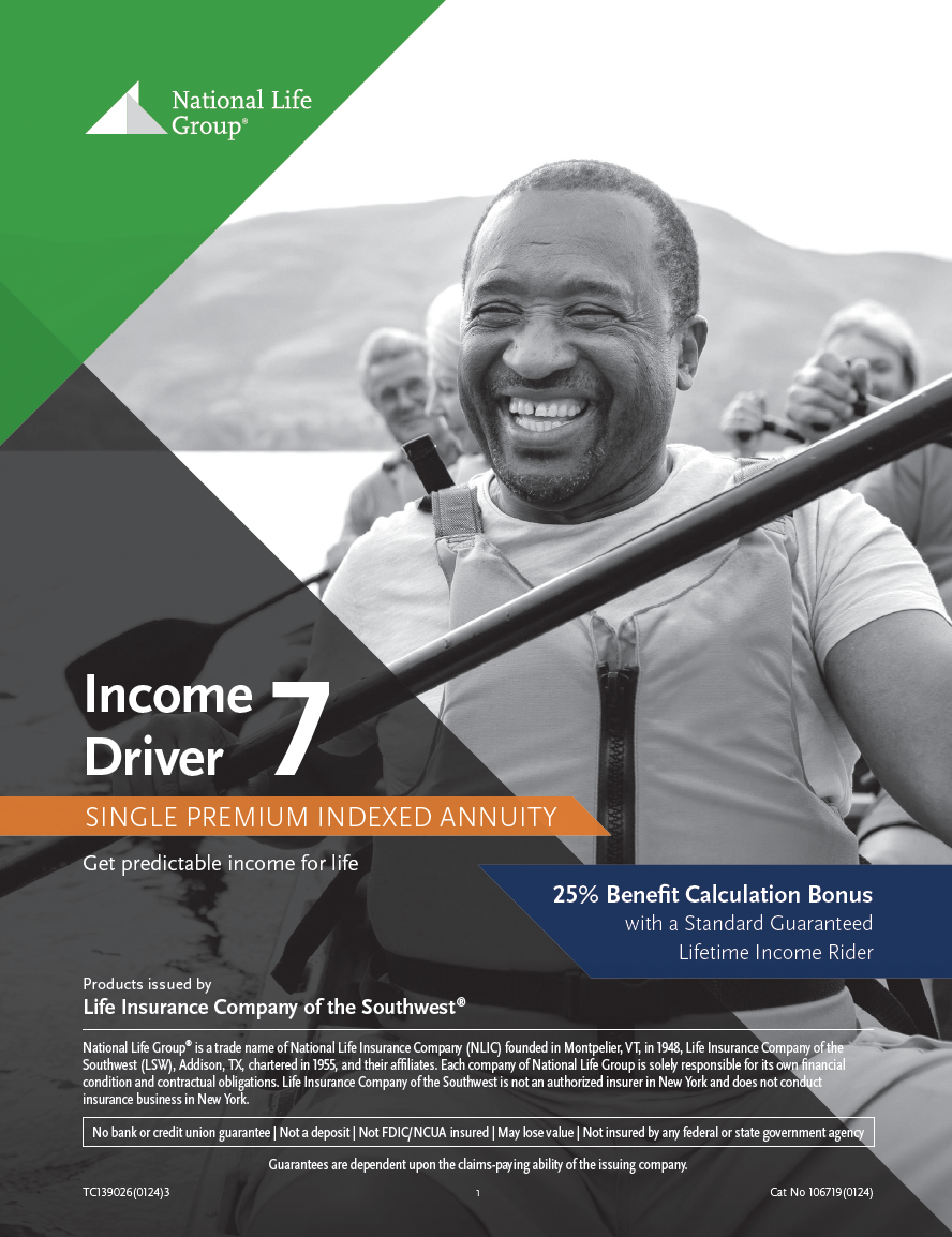 Smiling man canoeing with others. Cover for National Life Group's Income Driver 7 publication.