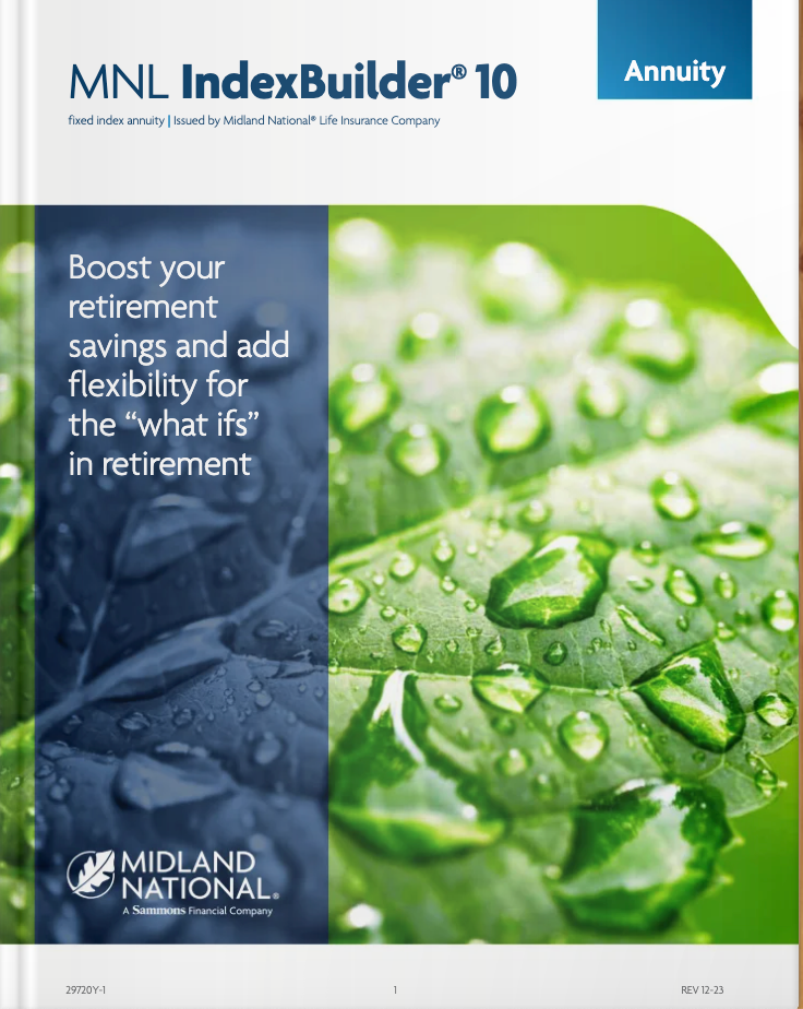 Brochure for MNL IndexBuilder 10 Annuity. Features green leaf with water droplets and the Midland National logo.