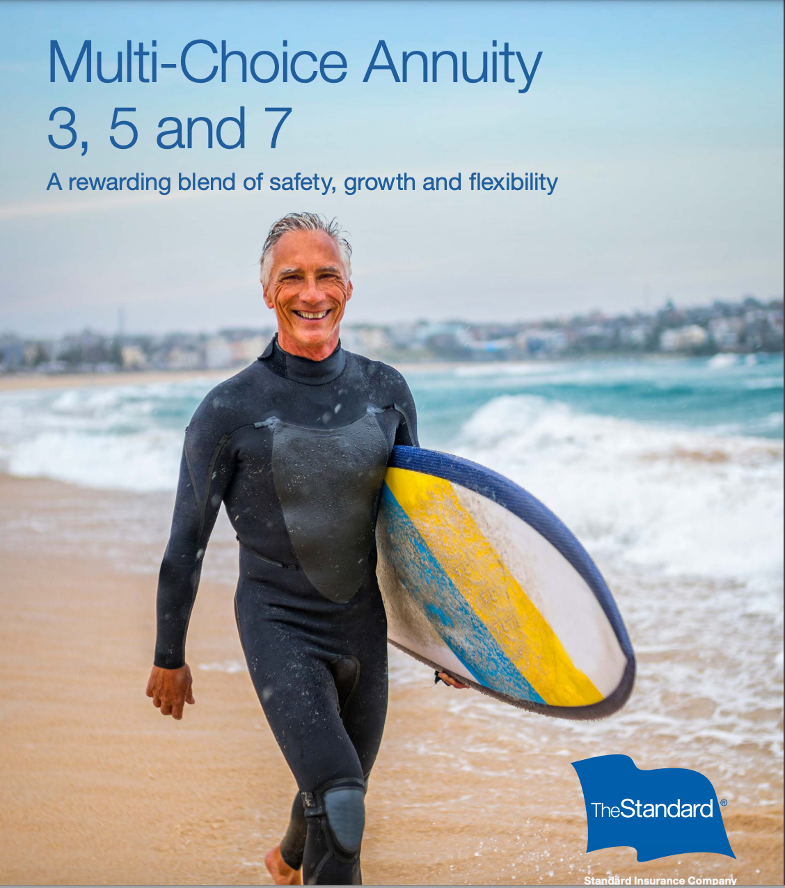 Mature man in wetsuit with surfboard on beach, promoting Multi-Choice Annuity.