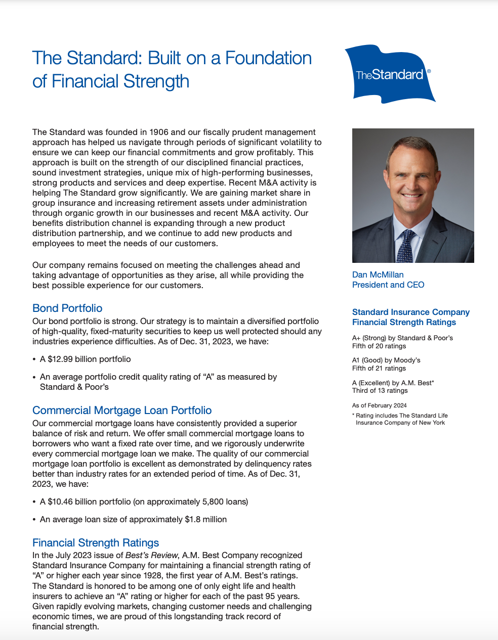 The Standard financial strength statement. Includes a photo of Dan Miller and sections on bond portfolios and commercial mortgage loans.