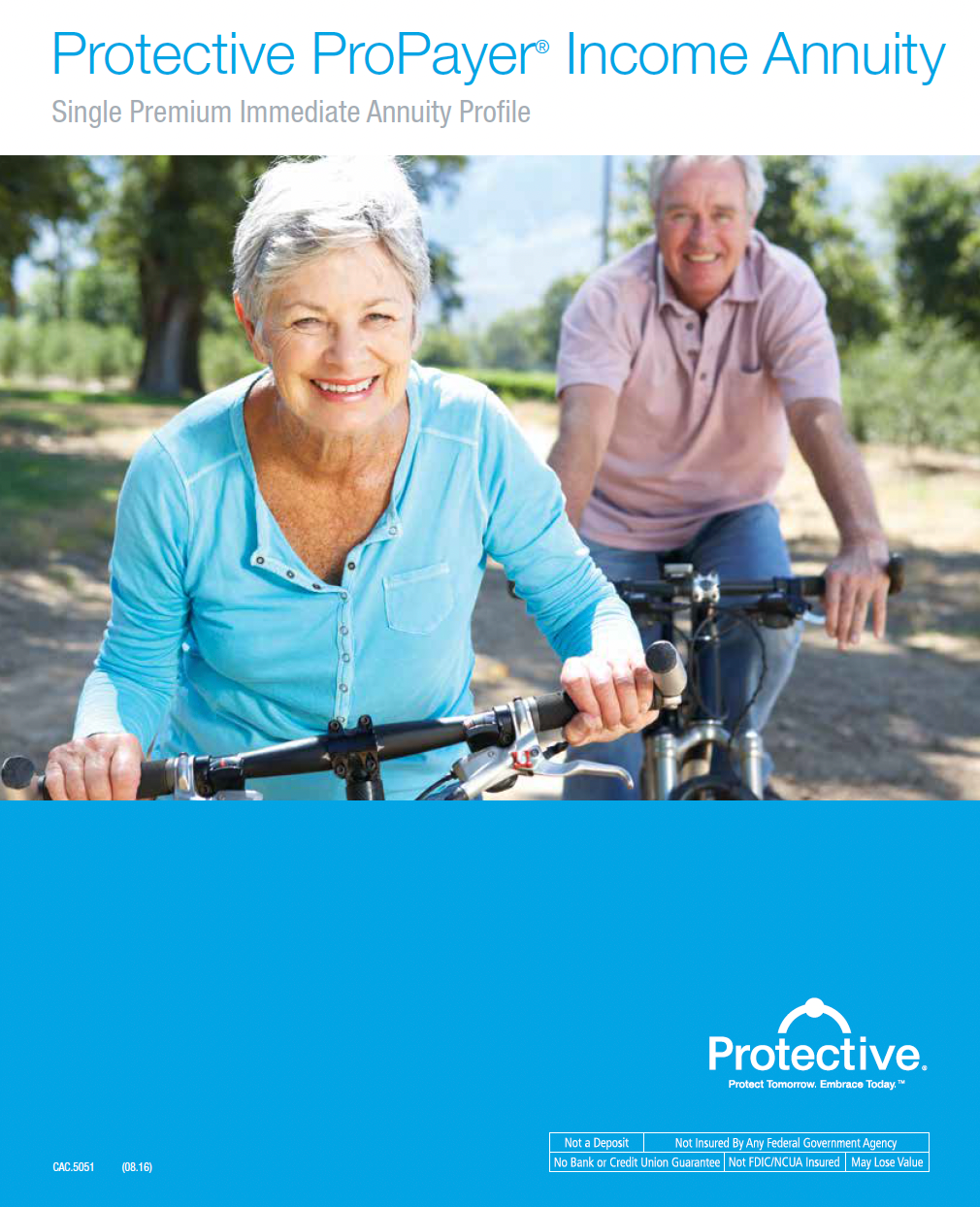Elderly couple biking. Cover of an annuity brochure with a blue and white color scheme.