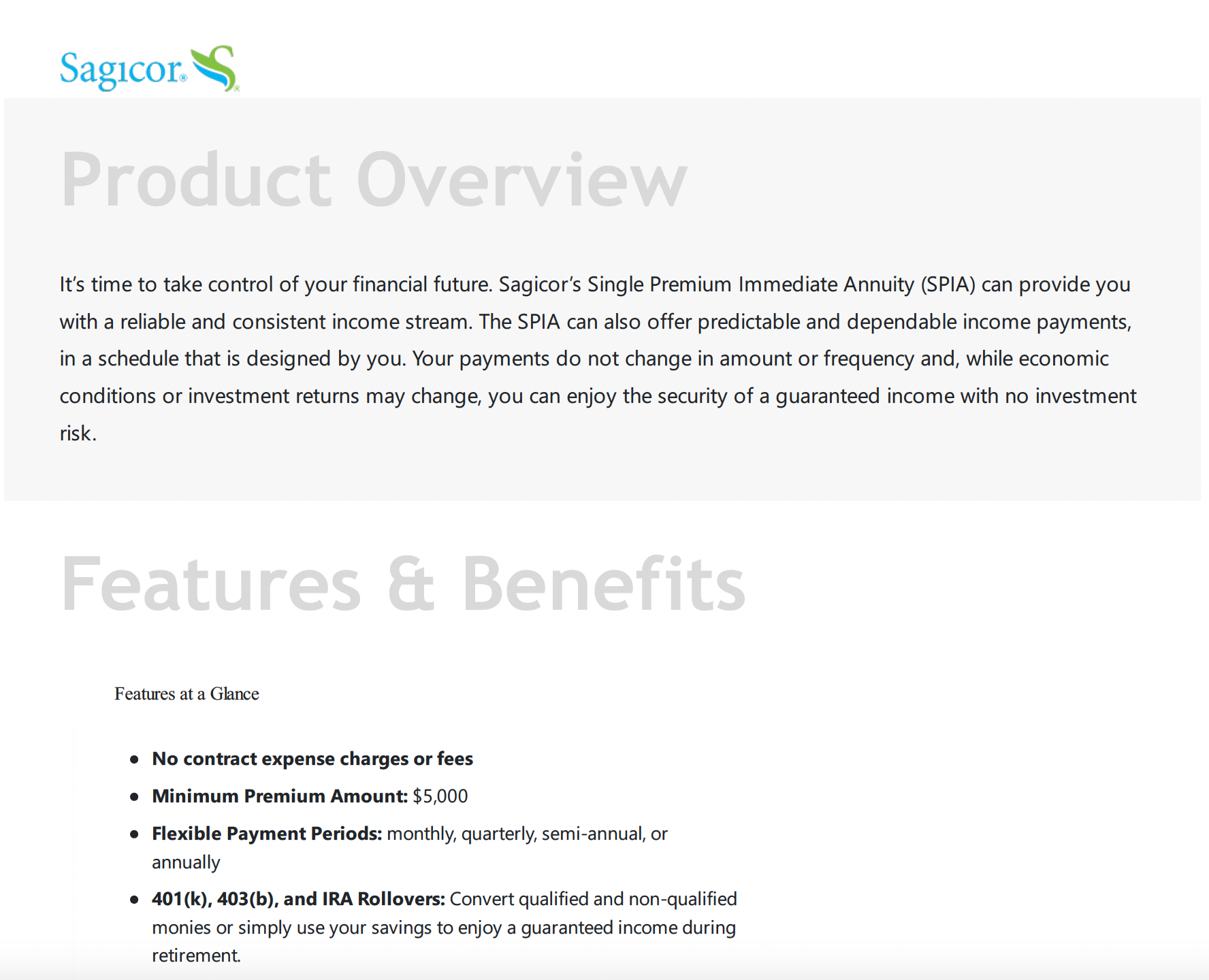 Product overview and features of Sapcor Single Premium Immediate Annuity.