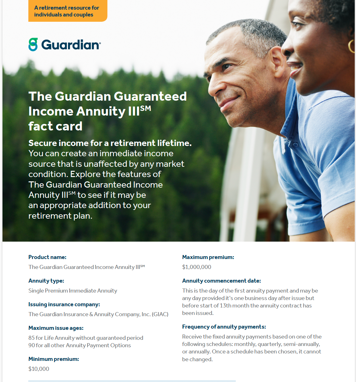 Advert for a Guardian income annuity, featuring a smiling couple, with text outlining key features.