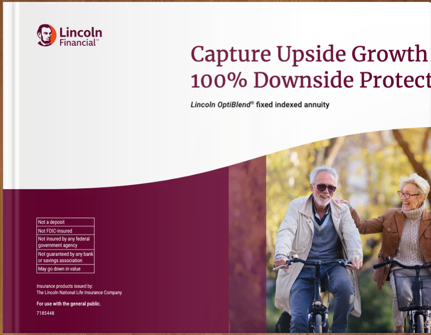 Lincoln Financial annuity brochure: Couple cycling, burgundy and white design.