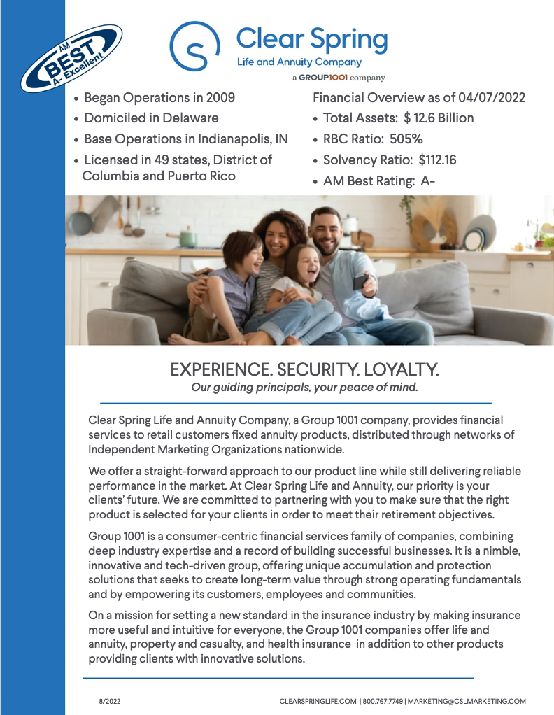 Clear Spring company advertisement with a family on a couch and financial overview.