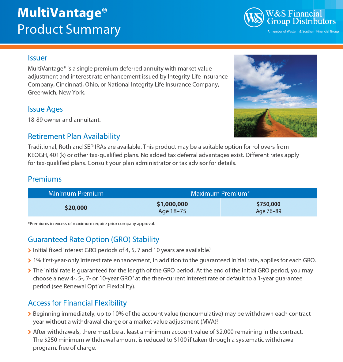 MultiVantage Product Summary. Blue sky, road, financial product details.