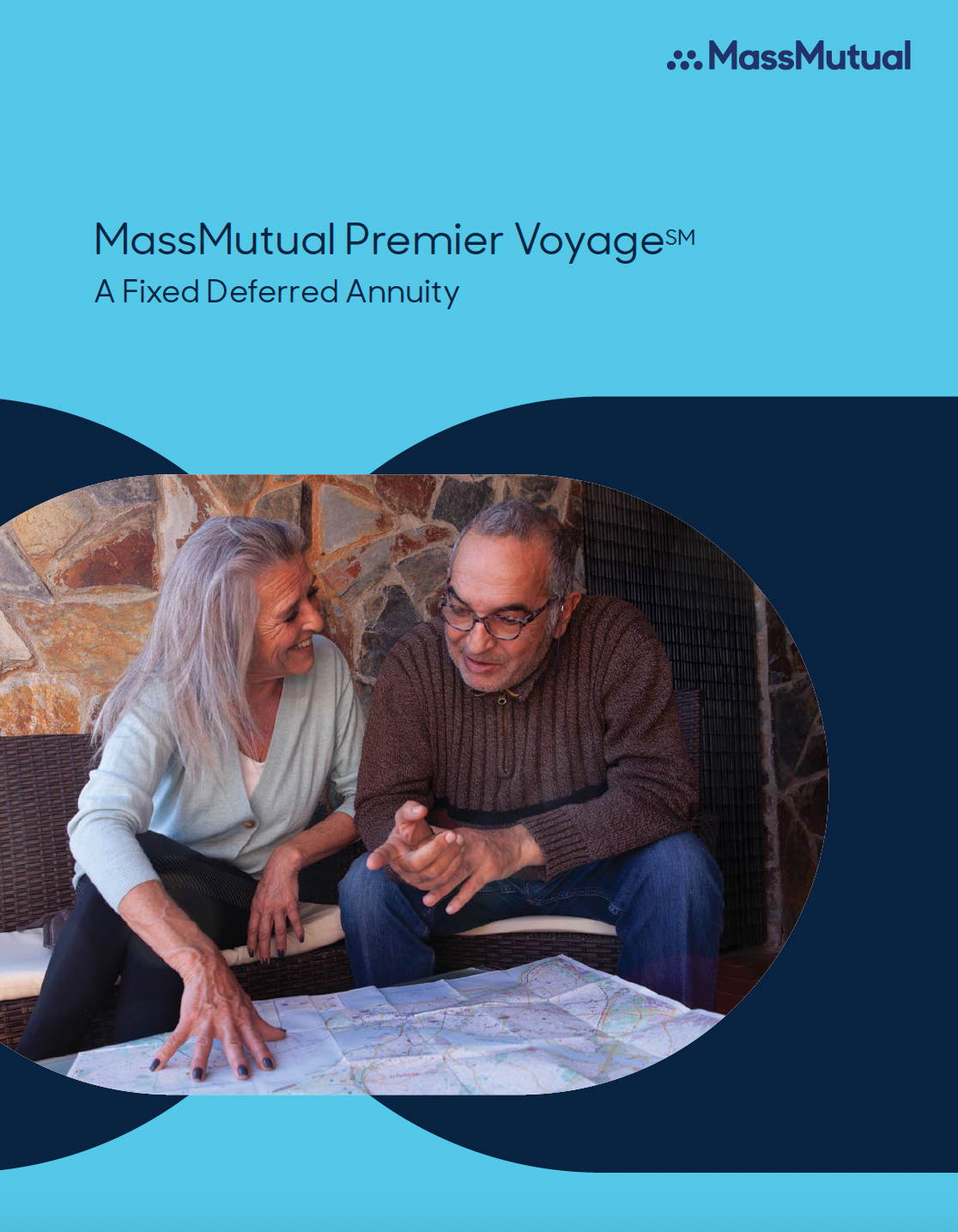 Cover: MassMutual annuity ad. Couple looks at a map. Blue and white.