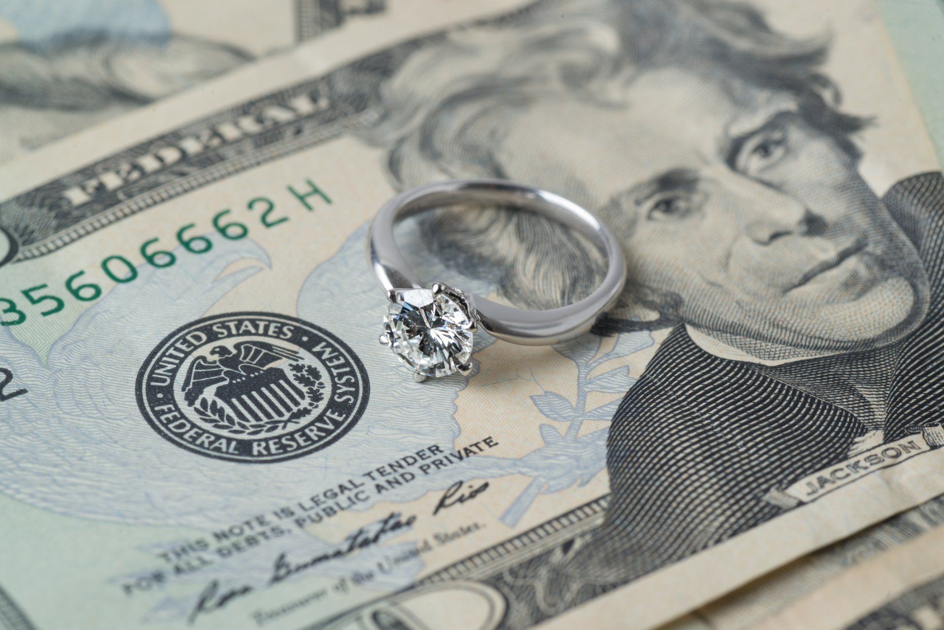 Diamond ring on money — Elkhart Lake, WI — Pro Se Divorce & Mediation Services S.C. Diamond ring rests on US twenty dollar bills.