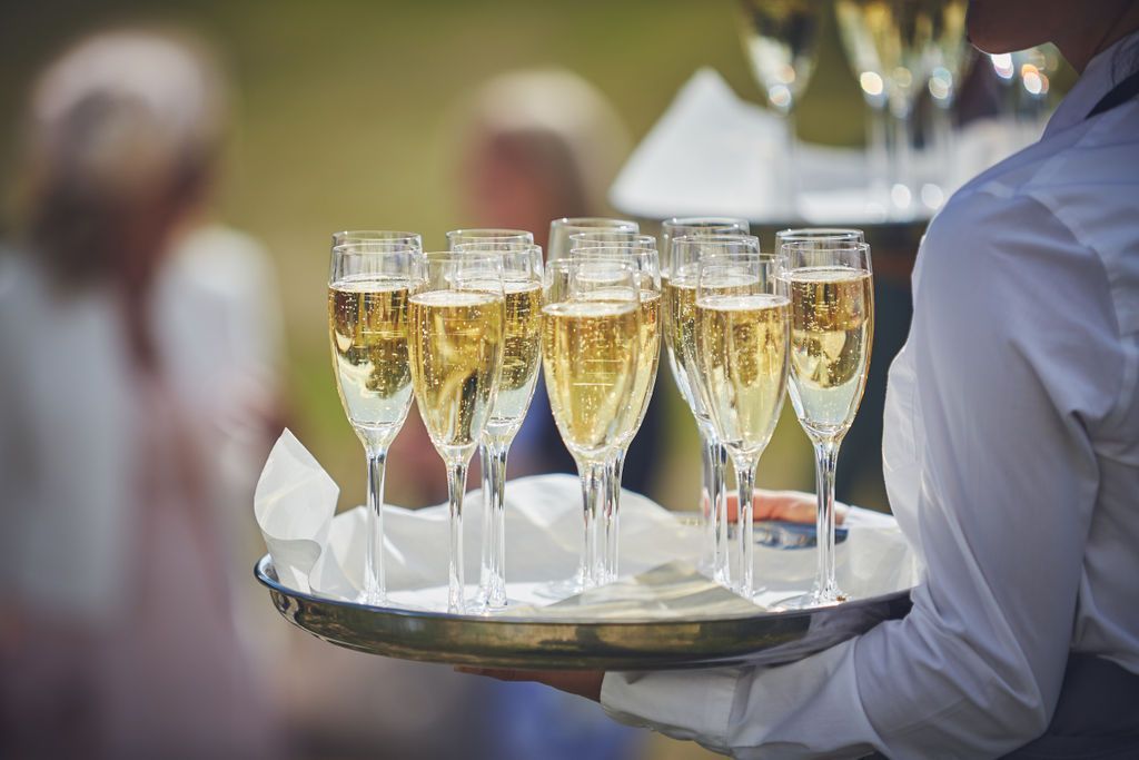 Tray of prosecco at Rockbeare manor, wedding venue in Exeter, Devon.