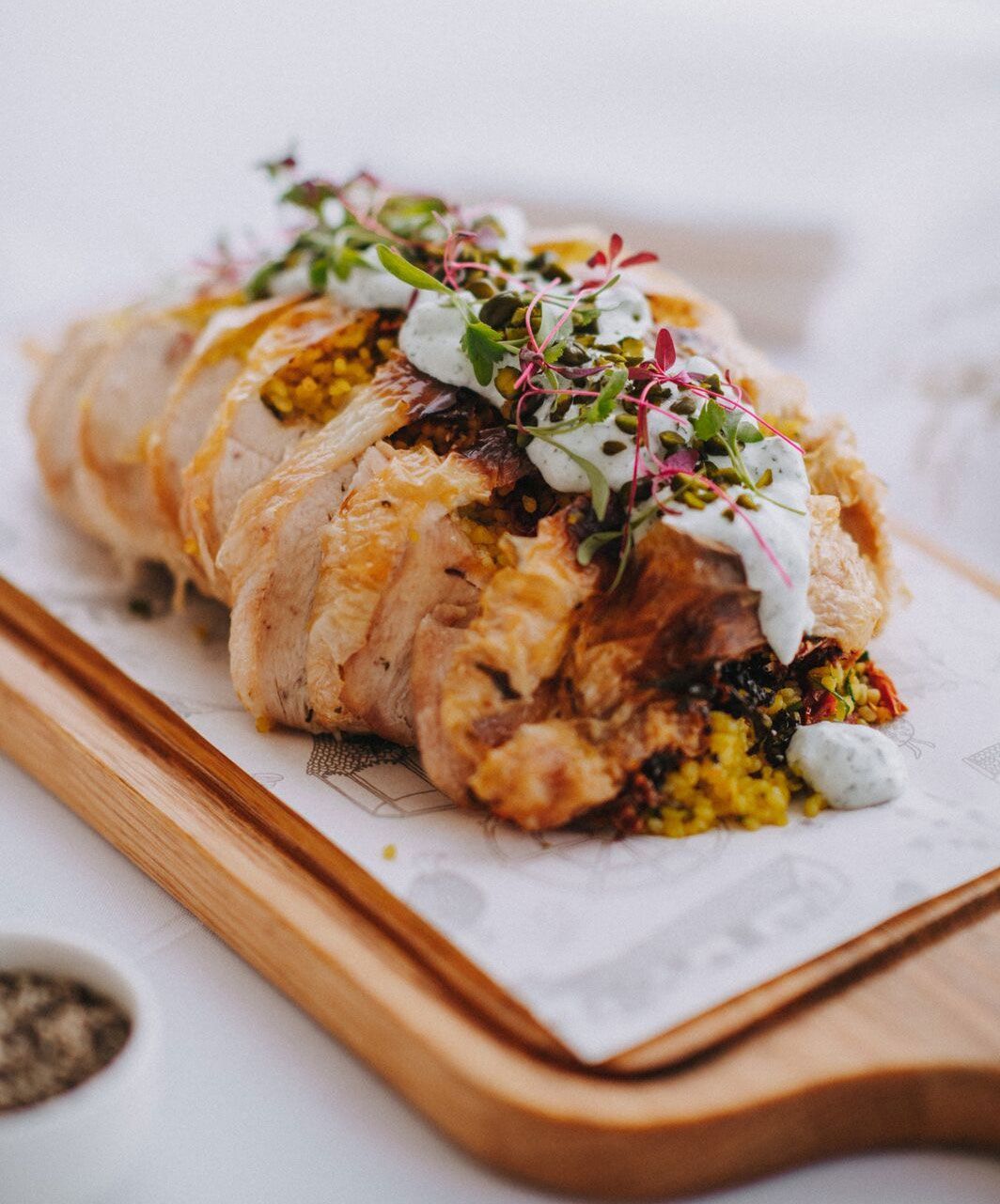 Lemon-roasted chicken stuffed with herbs. Wedding menu in Exeter, Devon.