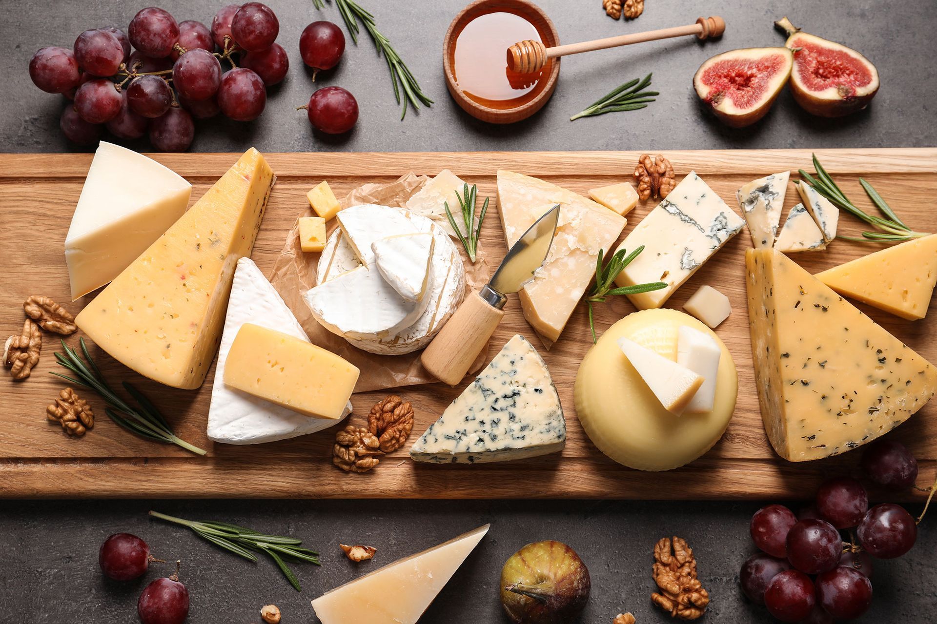 Cheese board, evening food at a wedding reception in Devon.