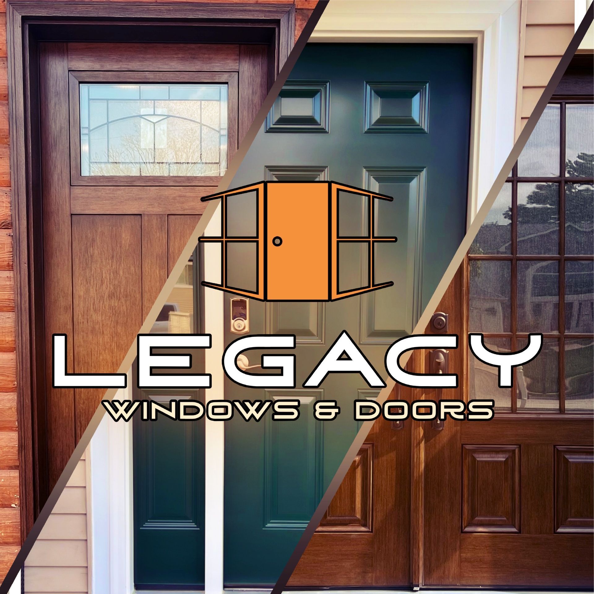 Composite image: three doors with a logo