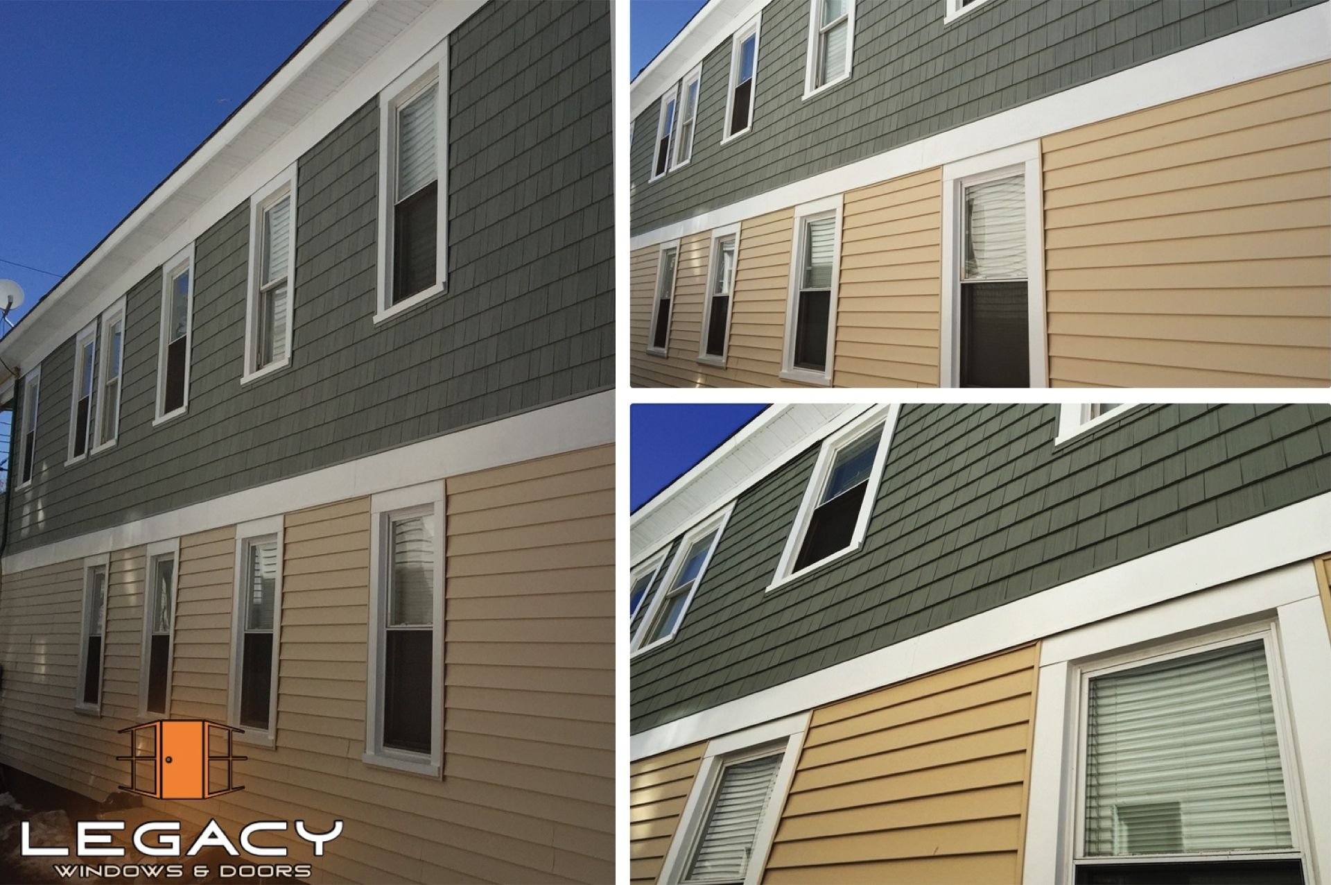 Multi-story building with green and tan siding, white trim, and tall windows.