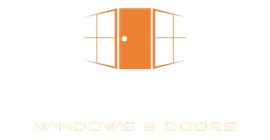 Orange door graphic within a stylized window frame; "WINDOWS & DOORS" below.