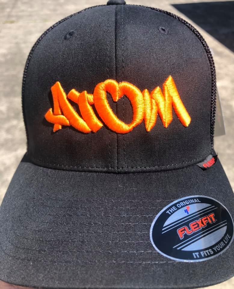 A Black Hat With The Word Atom Embroidered On It — Carnival Clothing In Miami, QLD