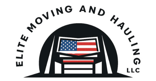 Logo for Elite Moving and Hauling, LLC. Features an American flag inside a moving truck shape, with the company name curved above.
