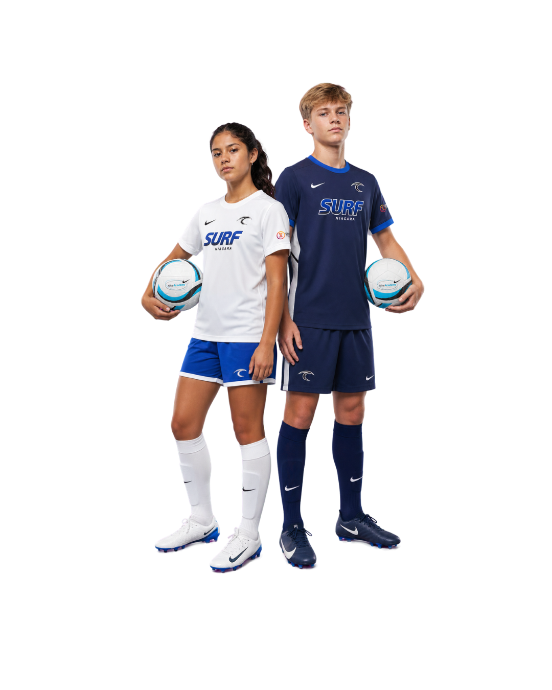 Two soccer players in white and navy kits holding soccer balls against a white background