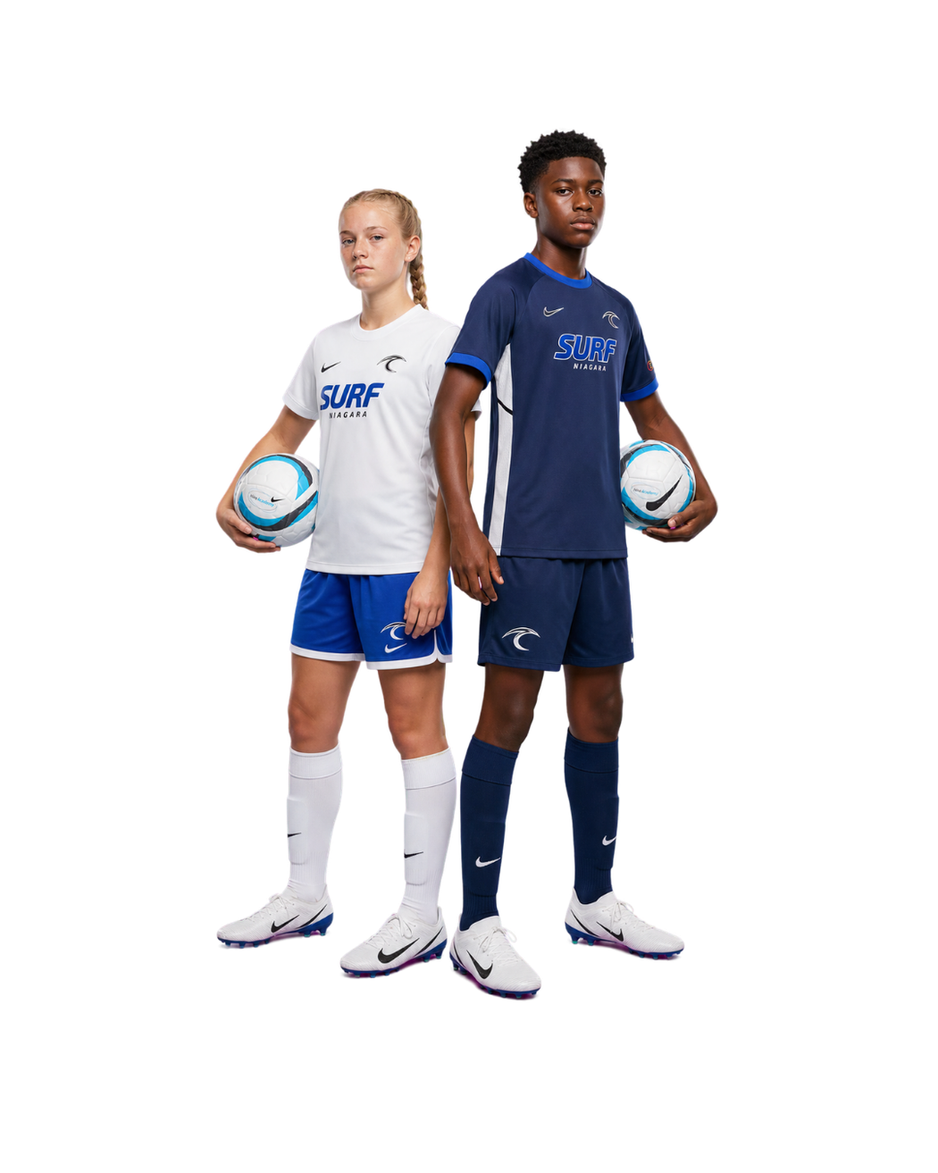 Two soccer players in white and navy uniforms holding soccer balls on a plain white background