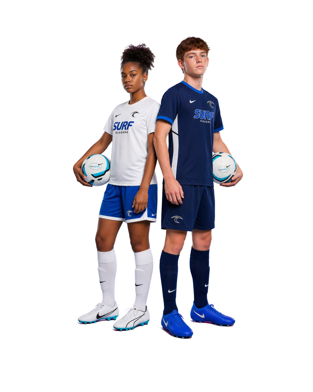 Two soccer players in white and navy uniforms standing back to back, each holding a soccer ball.