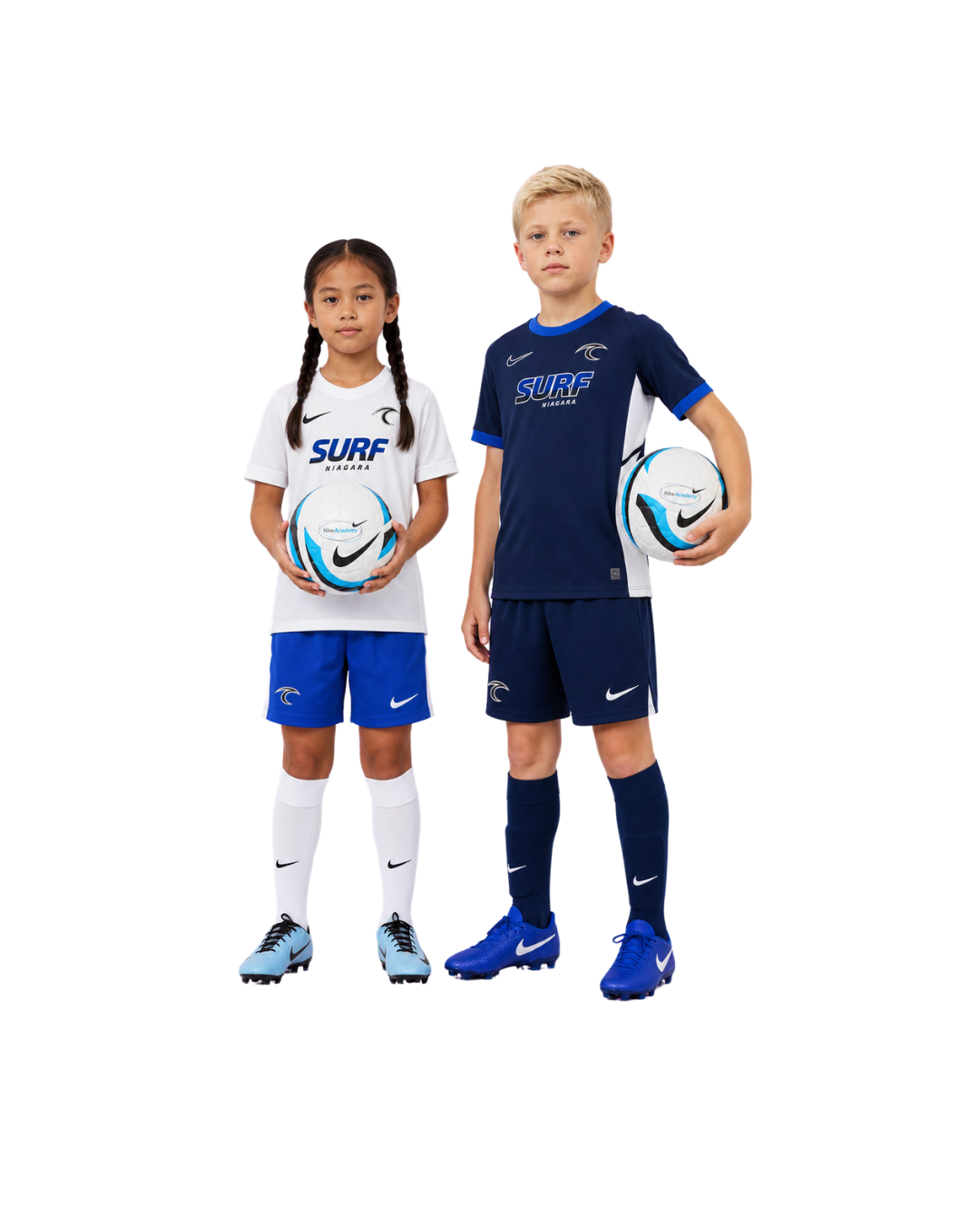 Two youth soccer players in white and navy uniforms standing with soccer balls on a white background