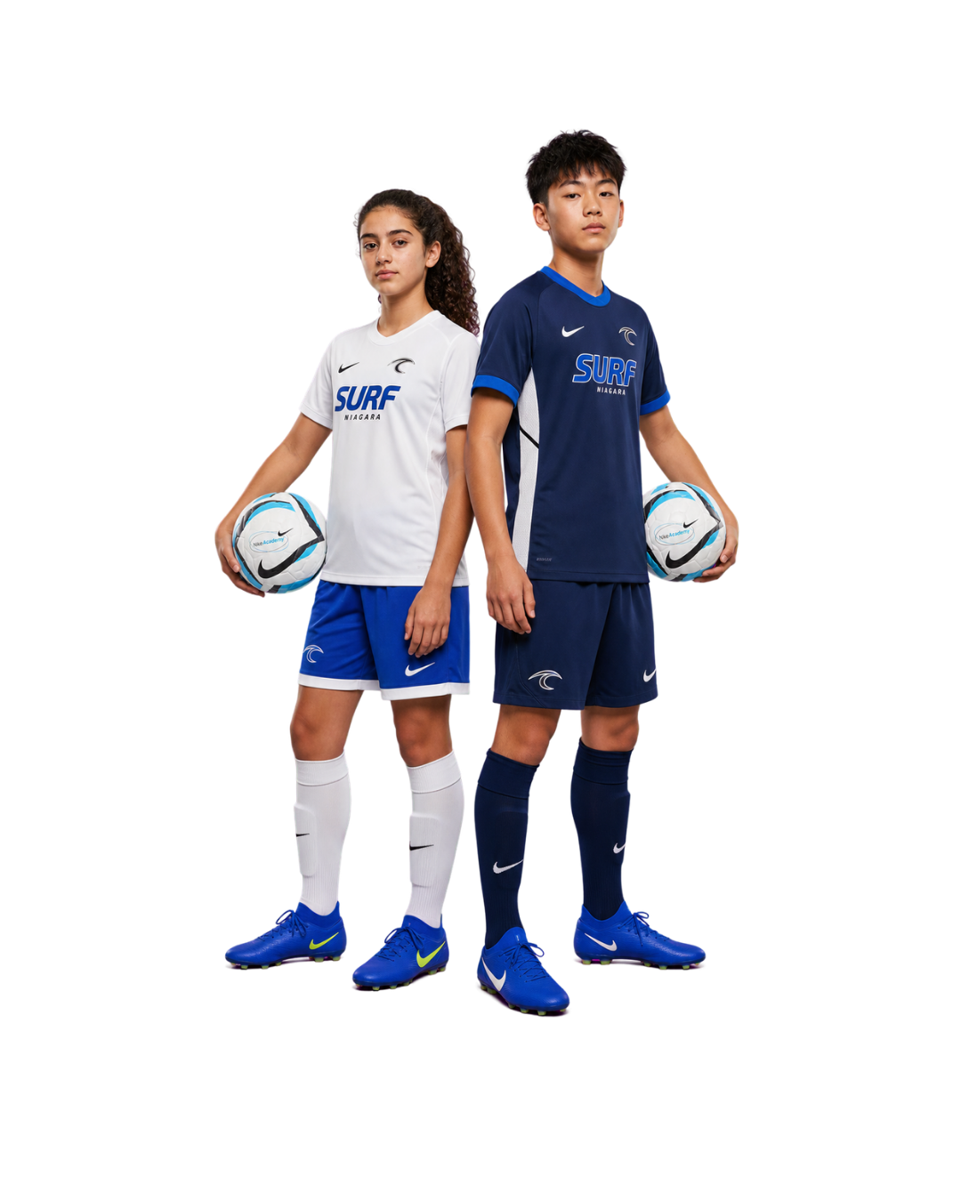 Two soccer players in blue and white uniforms holding soccer balls on a white background