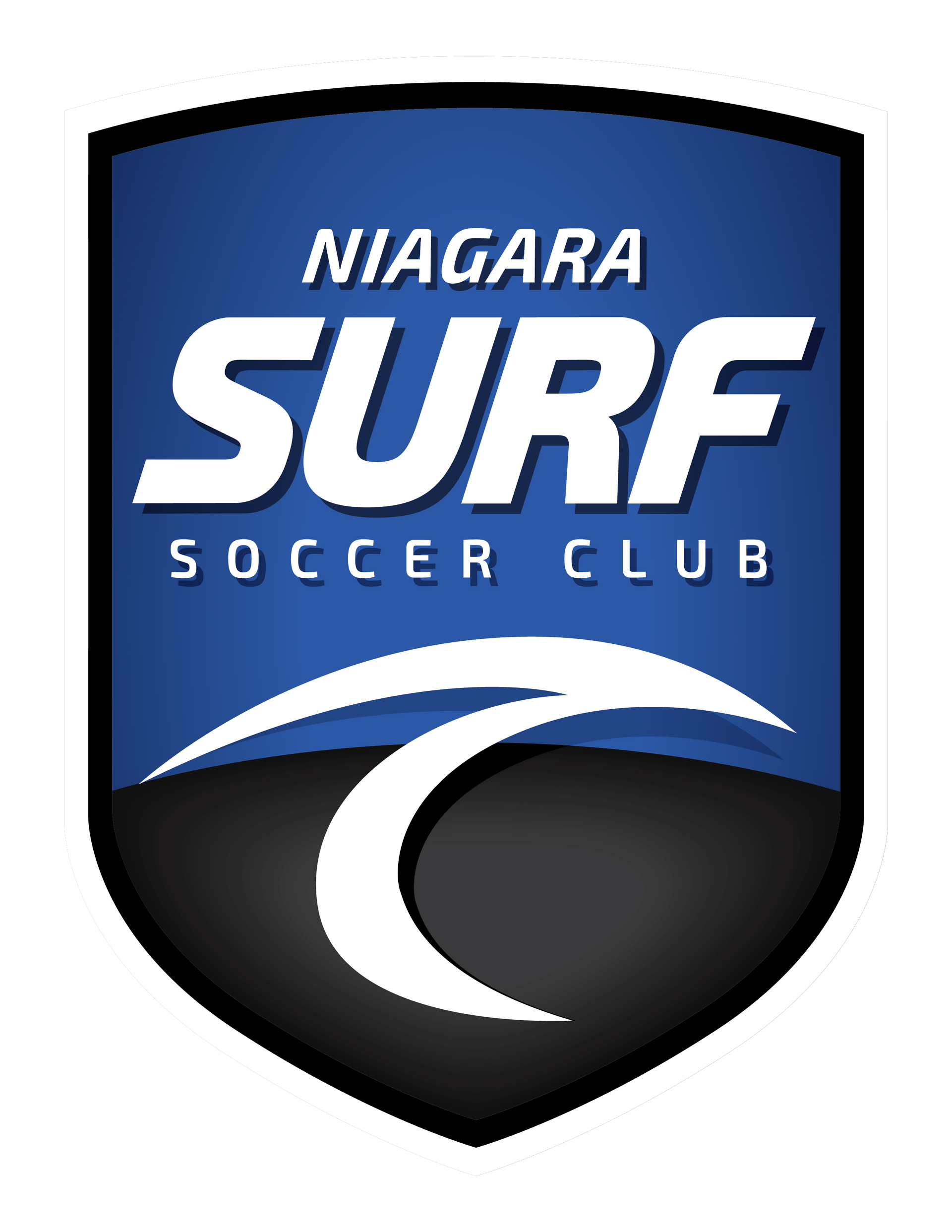 Niagara Surf Soccer Club logo in blue, black, and white with a stylized wave