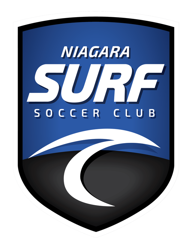 Niagara Surf Soccer Club logo in blue, black, and white with a stylized wave