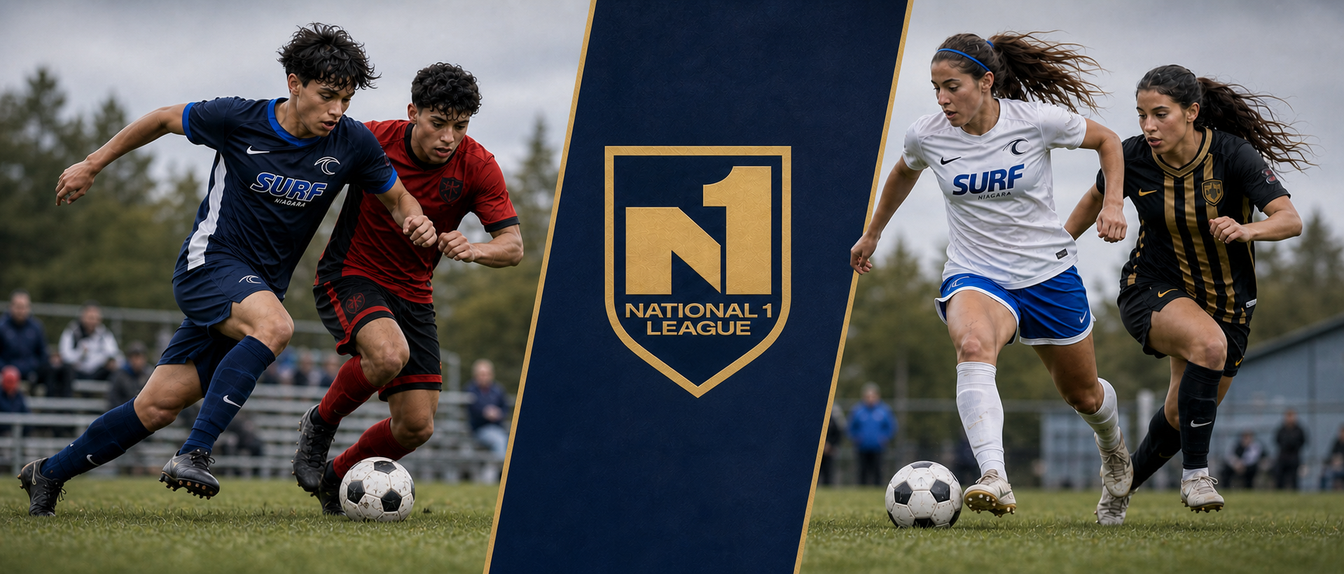 Soccer action graphic with players on green field and a central N1 logo banner