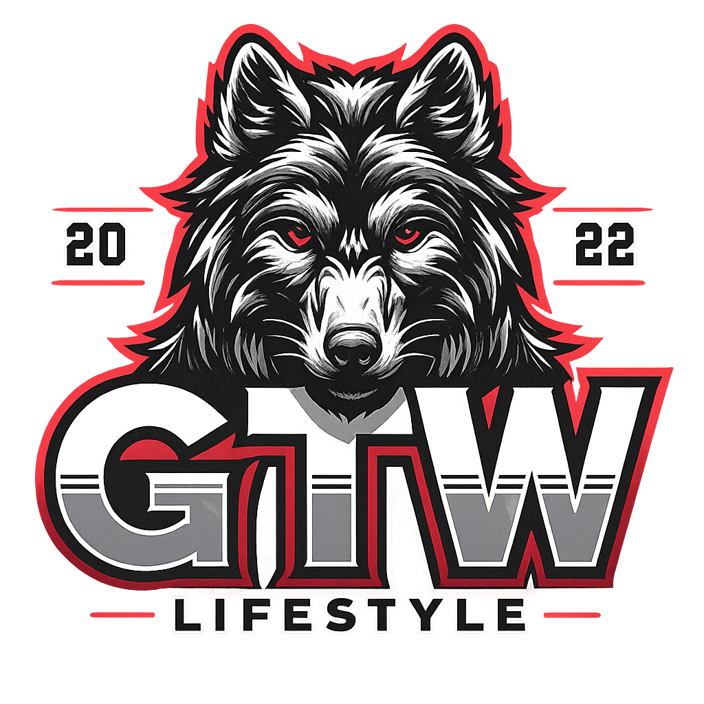Wolf head logo with "GTW LIFESTYLE" text and "2022" on top, in red, white and gray.