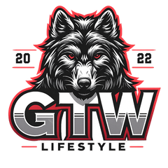 Wolf head logo with "GTW LIFESTYLE" text and "2022" on top, in red, white and gray.