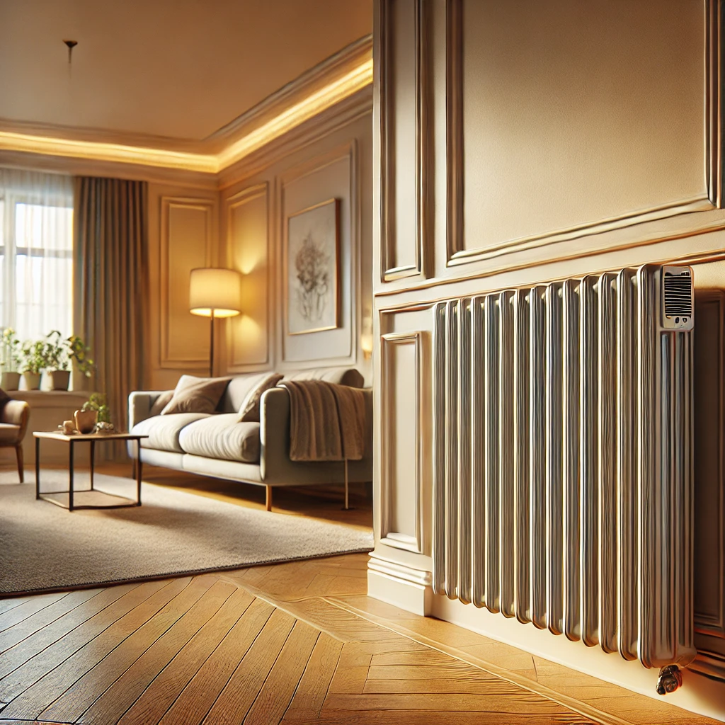 Living room interior with beige walls, radiator, sofa, rug, and floor.