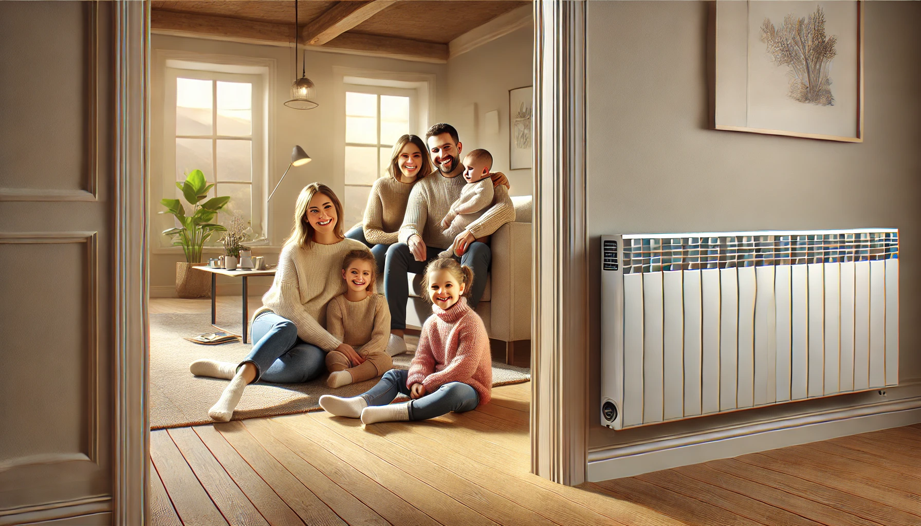 Family smiling in warm living room with radiator.