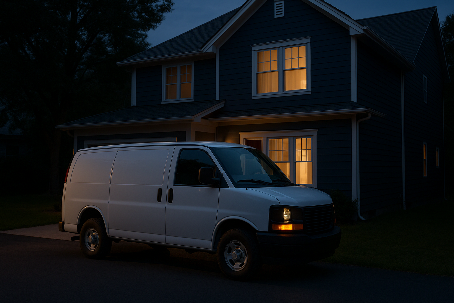 White van parked in front of a blue house at night; windows lit.