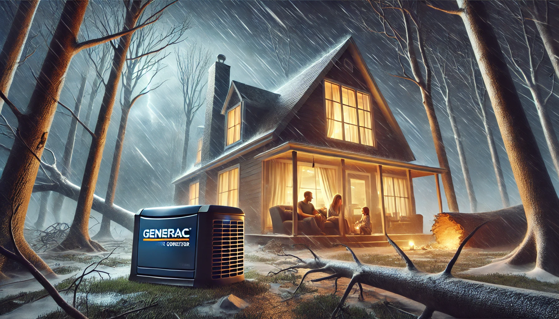 Cabin lit at night in a storm, family inside, generator outside.