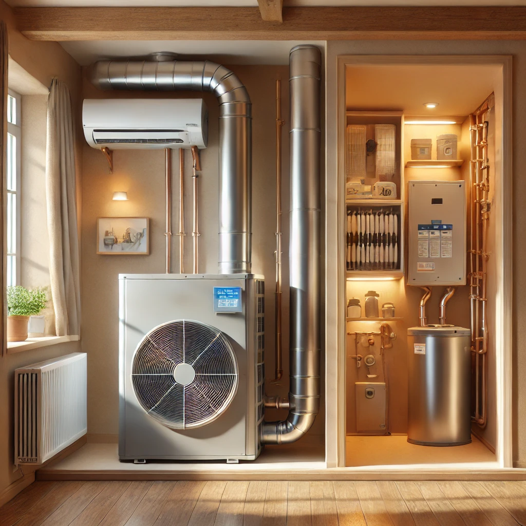 Heat pump system in a room with air conditioning unit, pipes, water heater, and electrical panel.