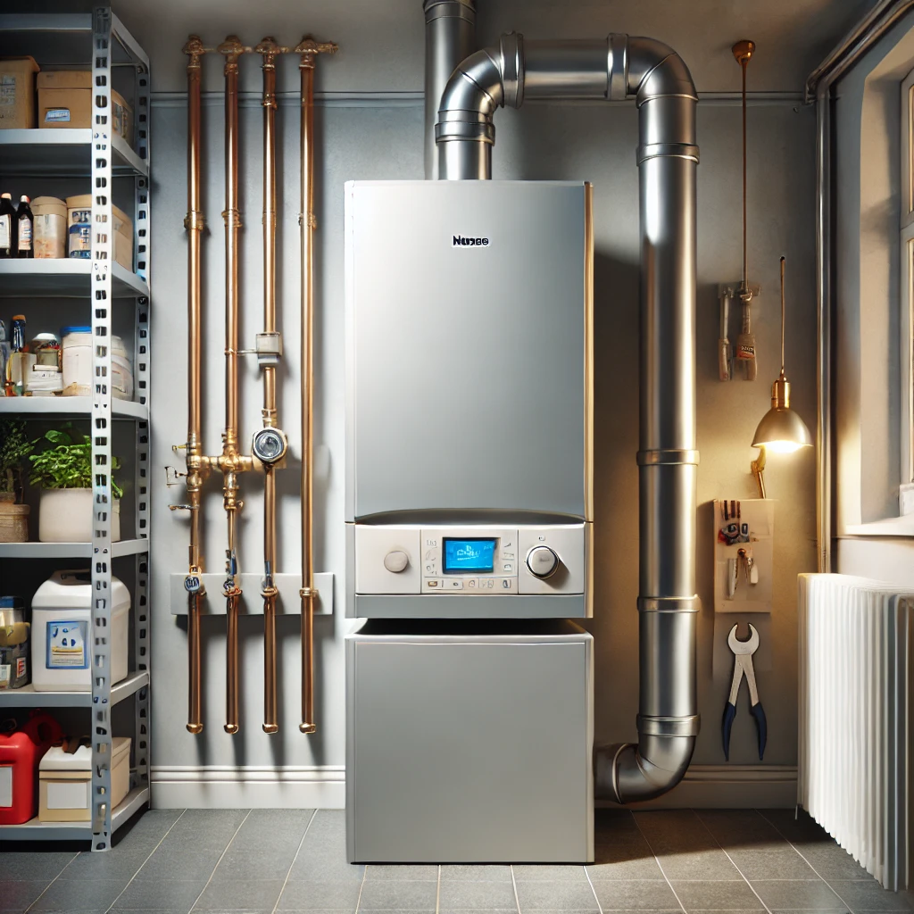 Boiler in utility room with connected pipes, vent, and shelves.
