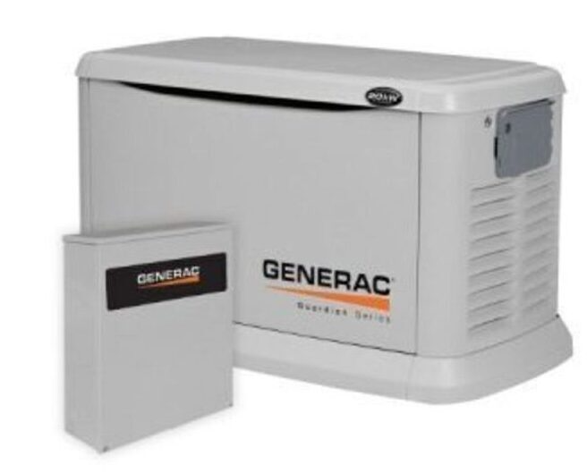 A gray Generac home standby generator with a smaller control panel.
