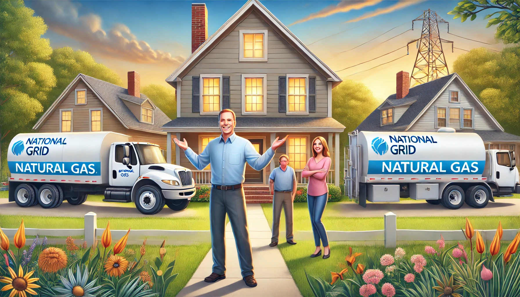 Family in front of a house, flanked by National Grid natural gas trucks; sunny day.