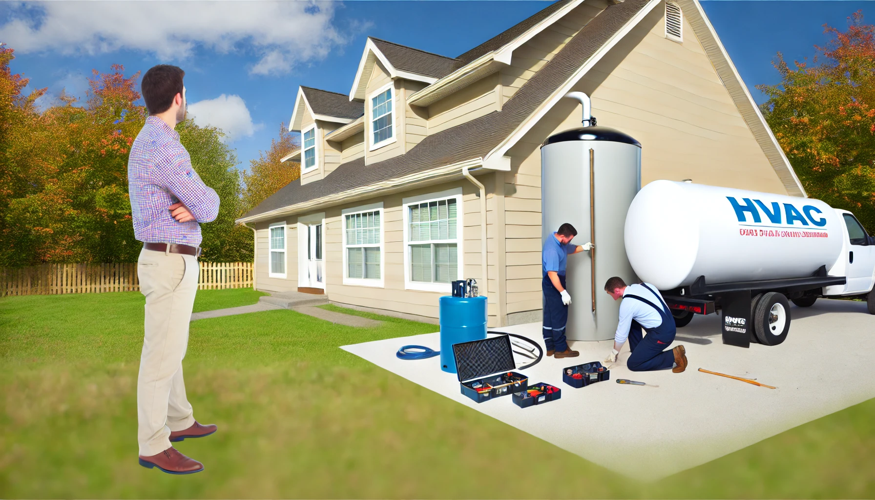 Man observing HVAC technicians working near a house and a large tank.