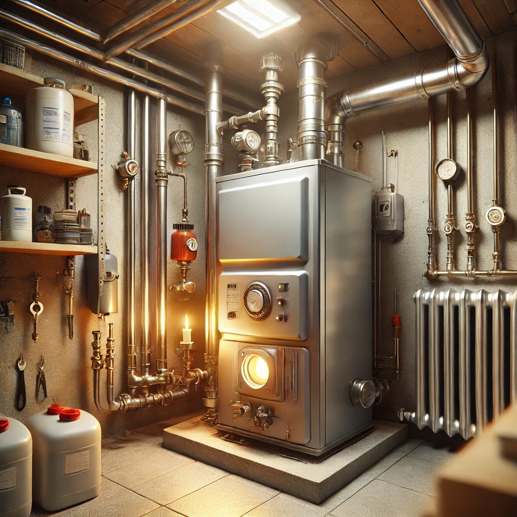 A boiler in a utility room surrounded by pipes, gauges, and tools.